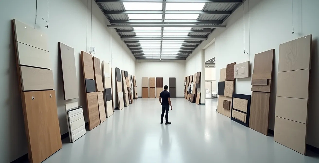 Wide angle view of renovation materials selection in Quebec supplier showroom