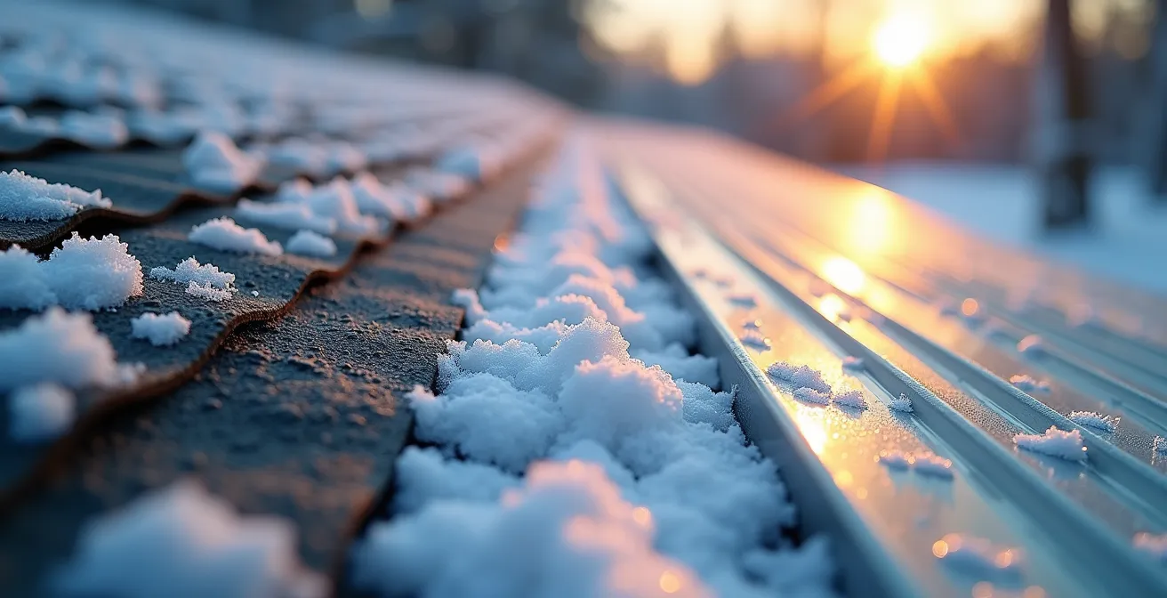 Close-up comparison of ice dam formation on Quebec home roofing materials