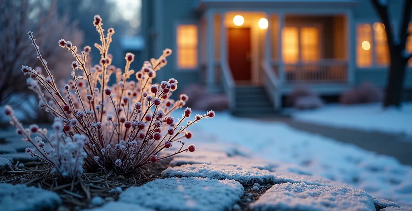 Montreal plex entrance with four-season landscaping featuring evergreens and winter lighting