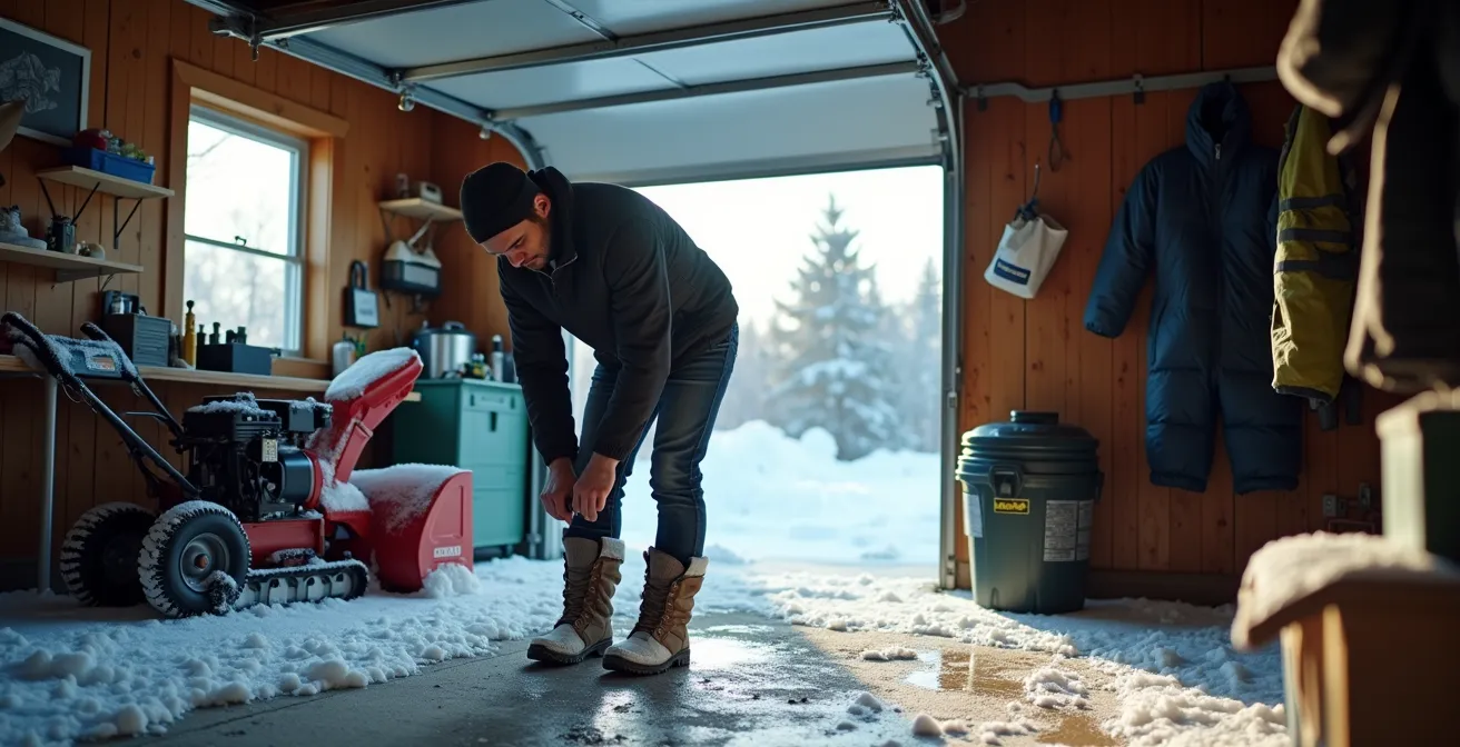 Detached garage serving as winter airlock for Quebec home with storage solutions