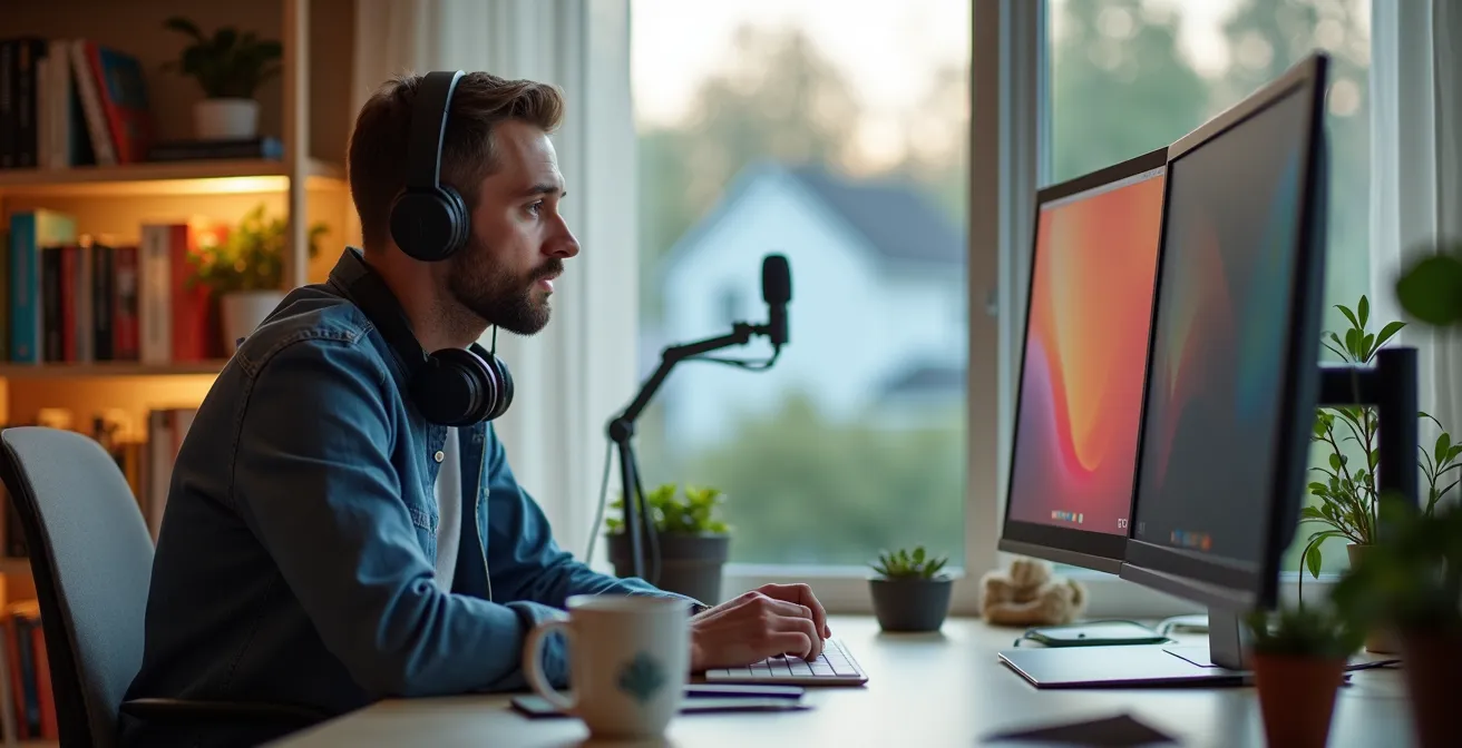 Modern home office setup in a bright Canadian suburban home with professional remote work equipment and natural lighting