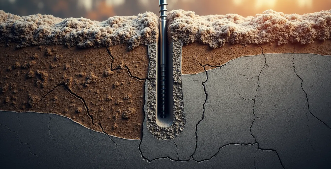 Cross-section showing a screw pile anchored below the frost line compared to a shallow concrete foundation affected by frost heave