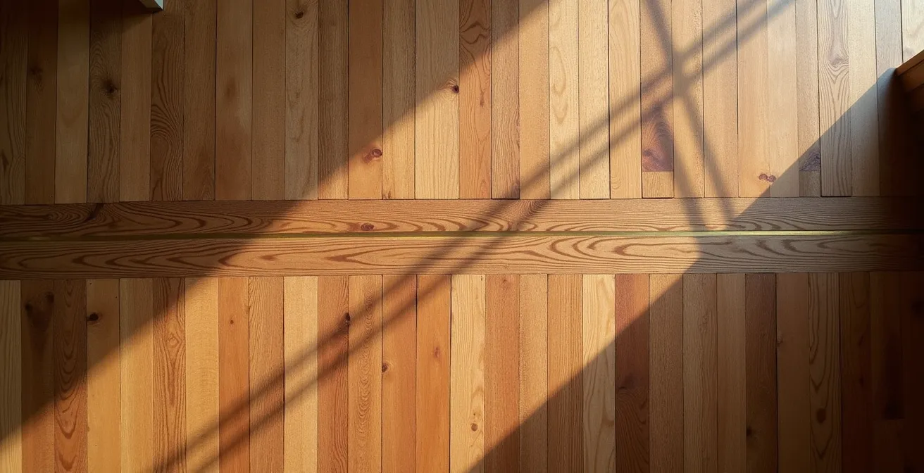Detailed view of expertly laced hardwood flooring showing seamless integration of new boards with century-old original floor