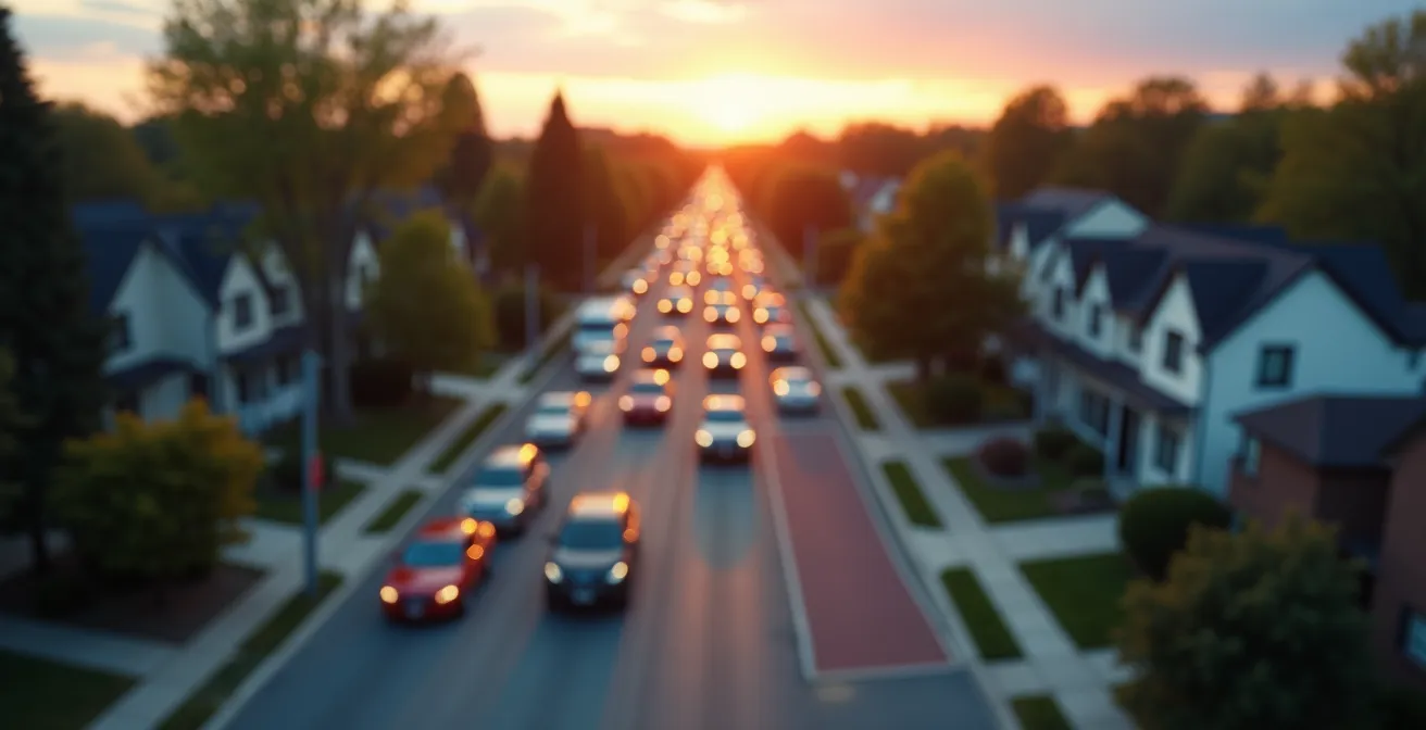 Aerial view of residential neighbourhood during peak tourist season showing traffic patterns