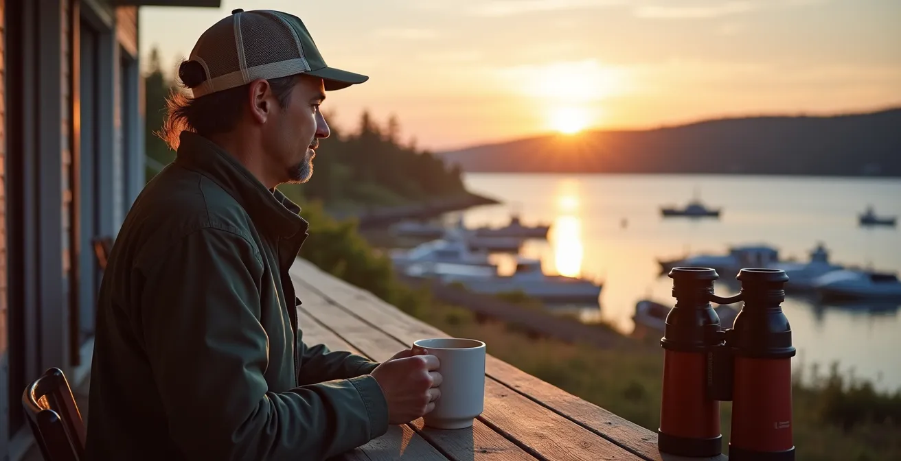 Modern worker accommodation overlooking Tadoussac harbor with whale watching boats
