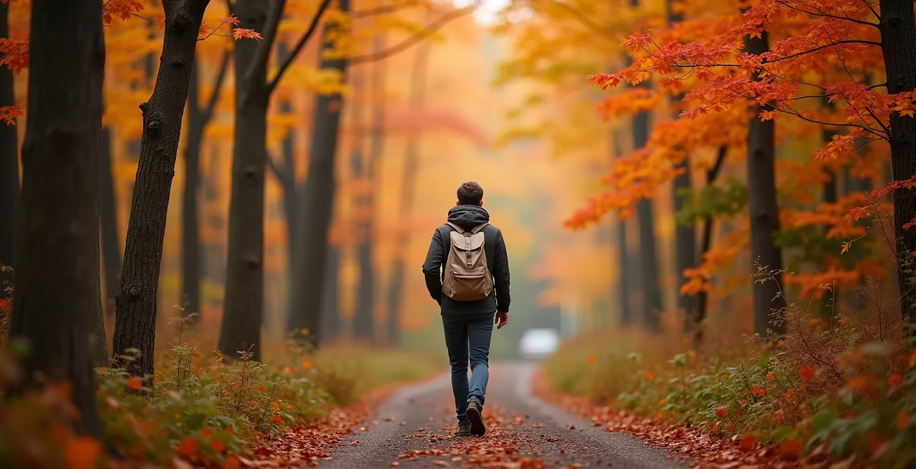 Person walking alone on forest trail through Quebec maple trees in autumn