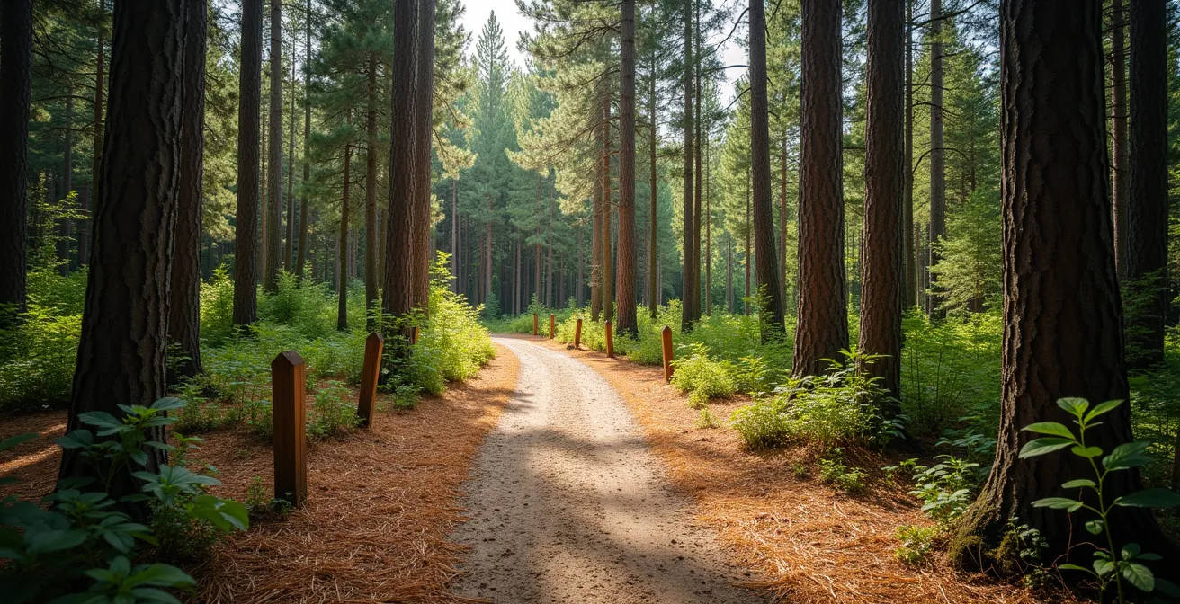 Forest trail with sustainable management practices and FireSmart clearing