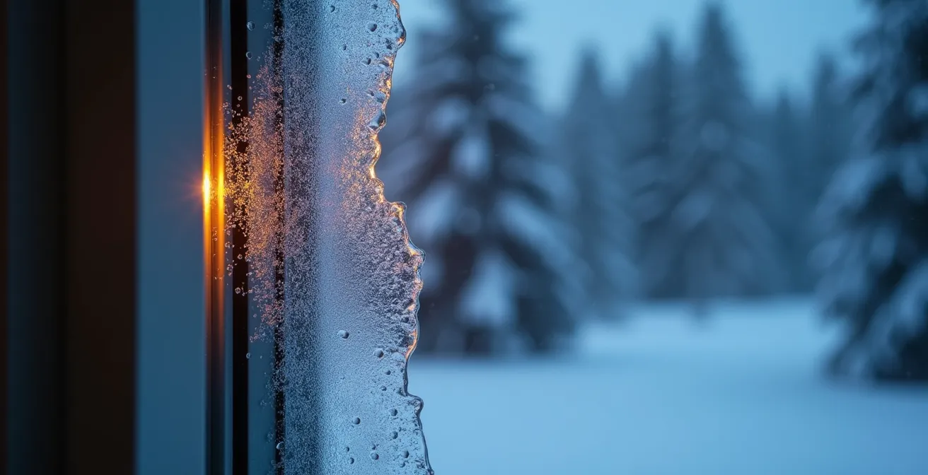 Macro shot of a triple-pane window with ice crystals, showing its thermal efficiency