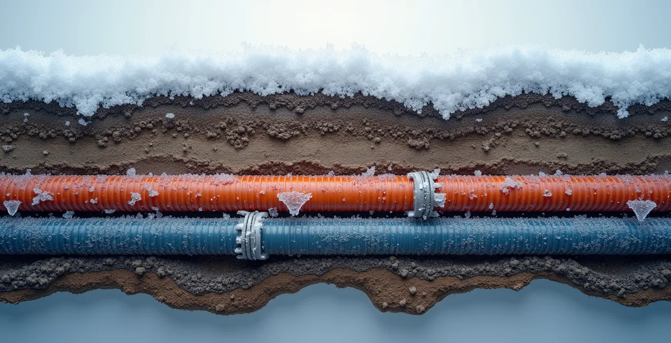 Cross-section view of underground water pipes below the frost line with insulation layers