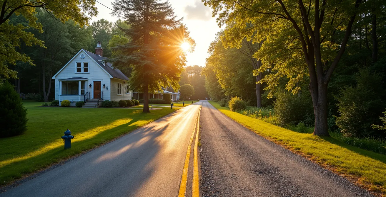 Split composition showing two Canadian cottage properties with different road access types