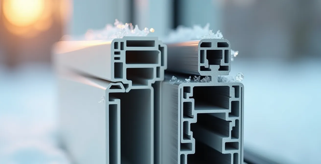 Macro photography showing vinyl and aluminum window frame cross-sections with visible insulation chambers