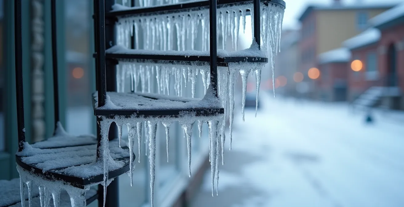 Macro shot of an icy metal exterior staircase, symbolizing liability risk in Quebec winter.