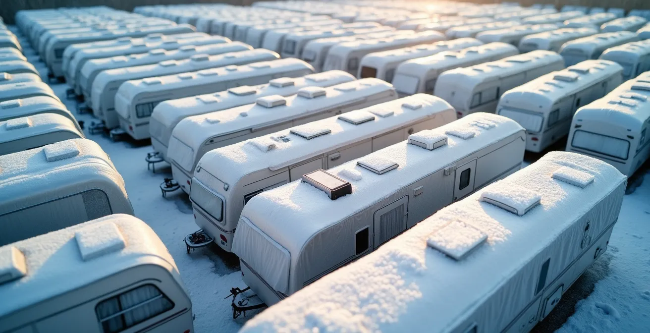 Aerial view of RVs in winter storage at Canadian campground with snow coverage